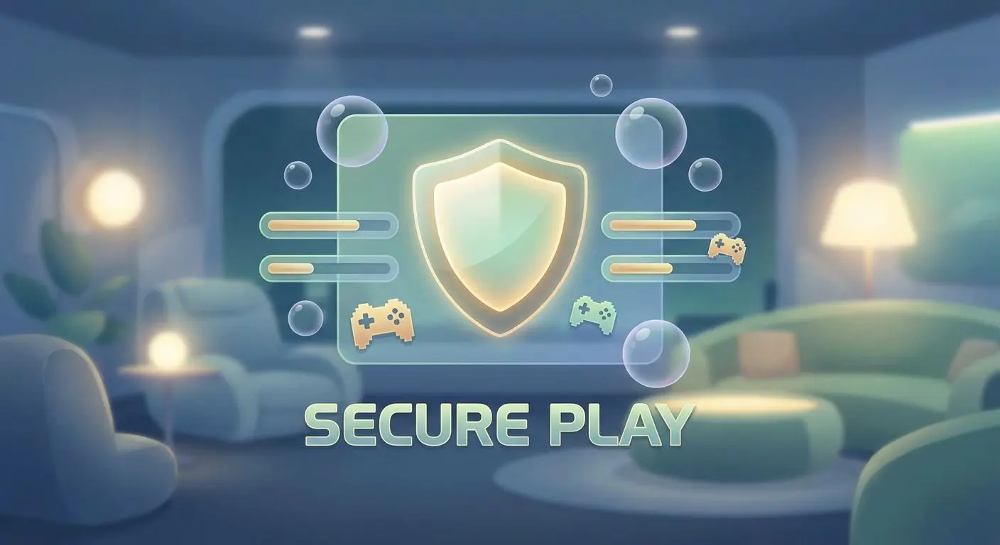 Responsible gaming visual with safety shield and calm interface elements