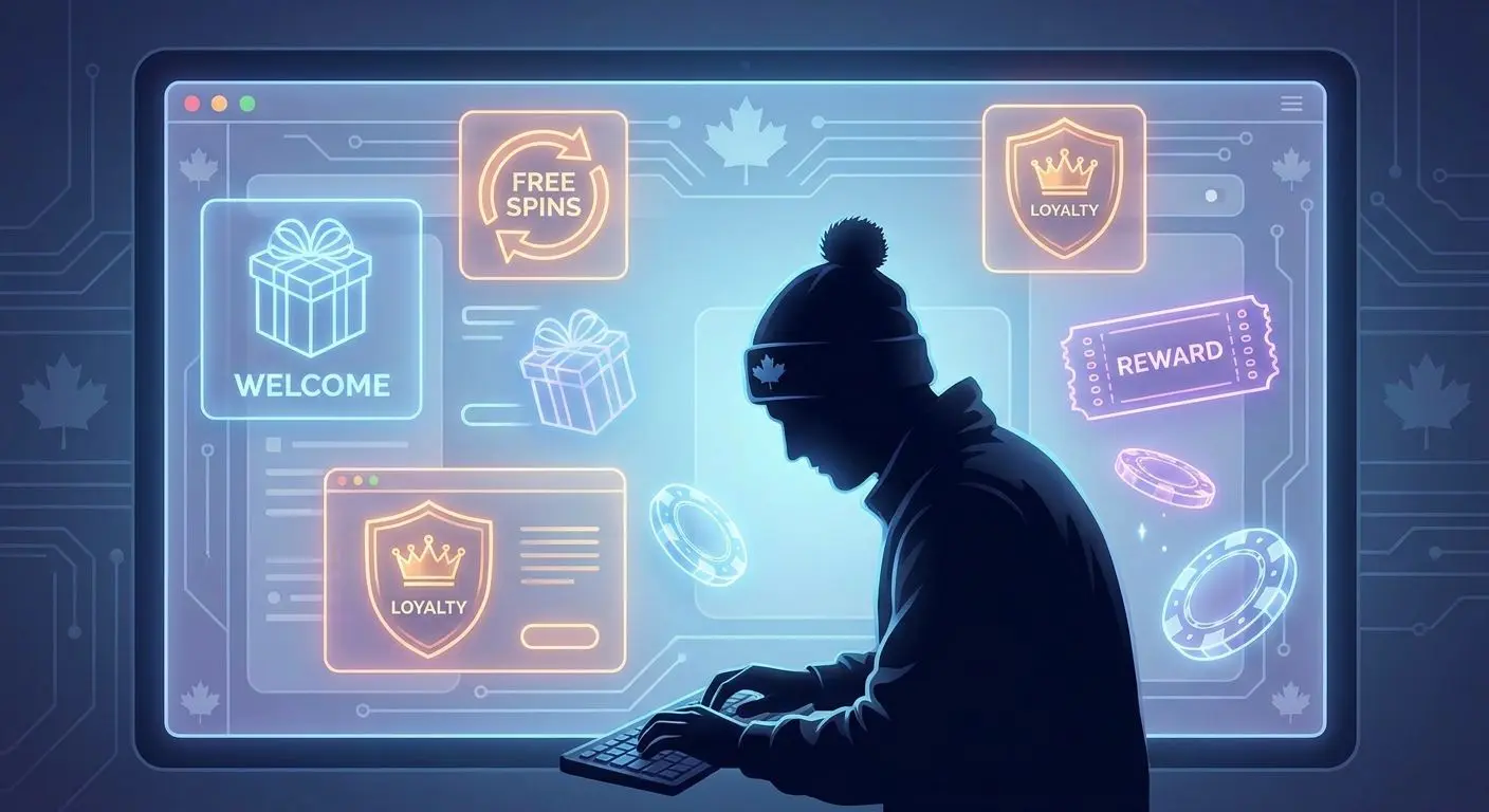 Illustration of welcome offers, free spins and loyalty rewards for Canadian players