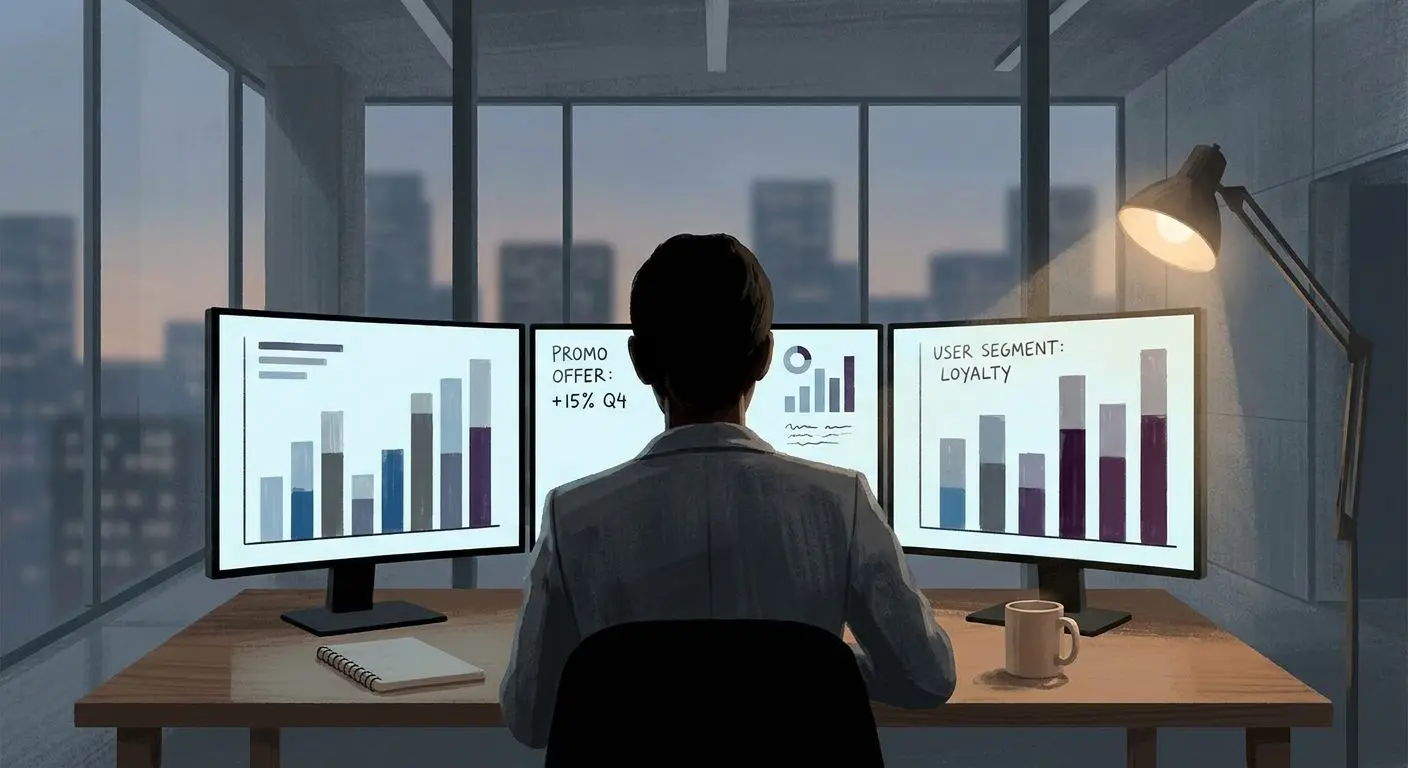 Analyst reviewing data and promotional offer details on screens