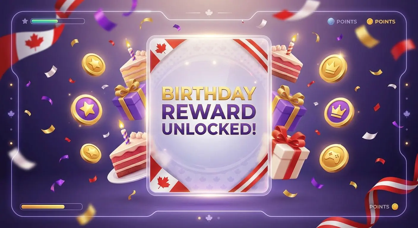 Birthday treats illustration with cake, reward icons, coins and Canadian accents