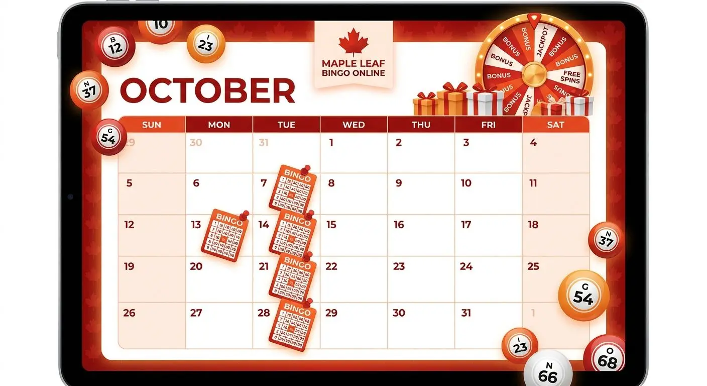Calendar style illustration of daily bingo offers and regular promotions