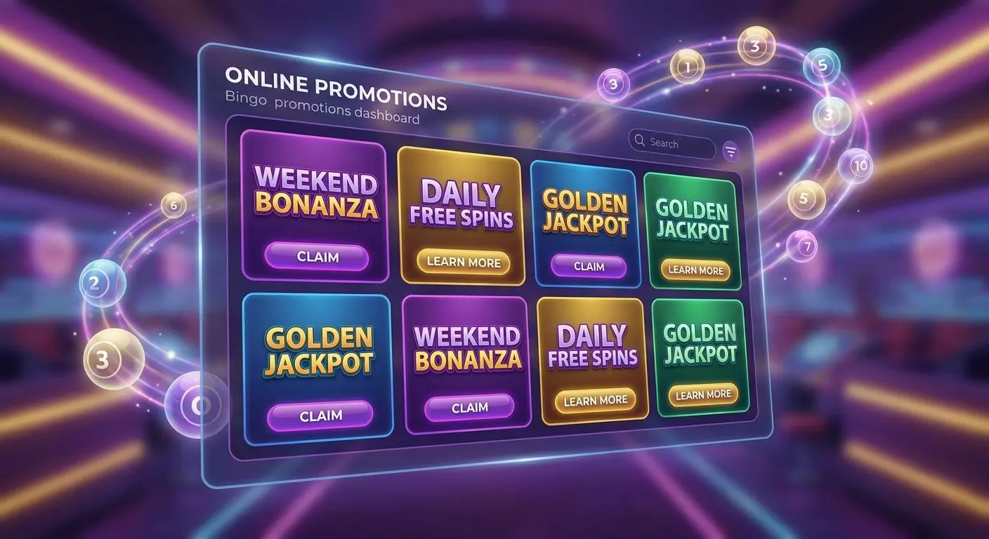 Inside the Bingo Promotions Room Bingo promotions room interface with promo cards and claim buttons