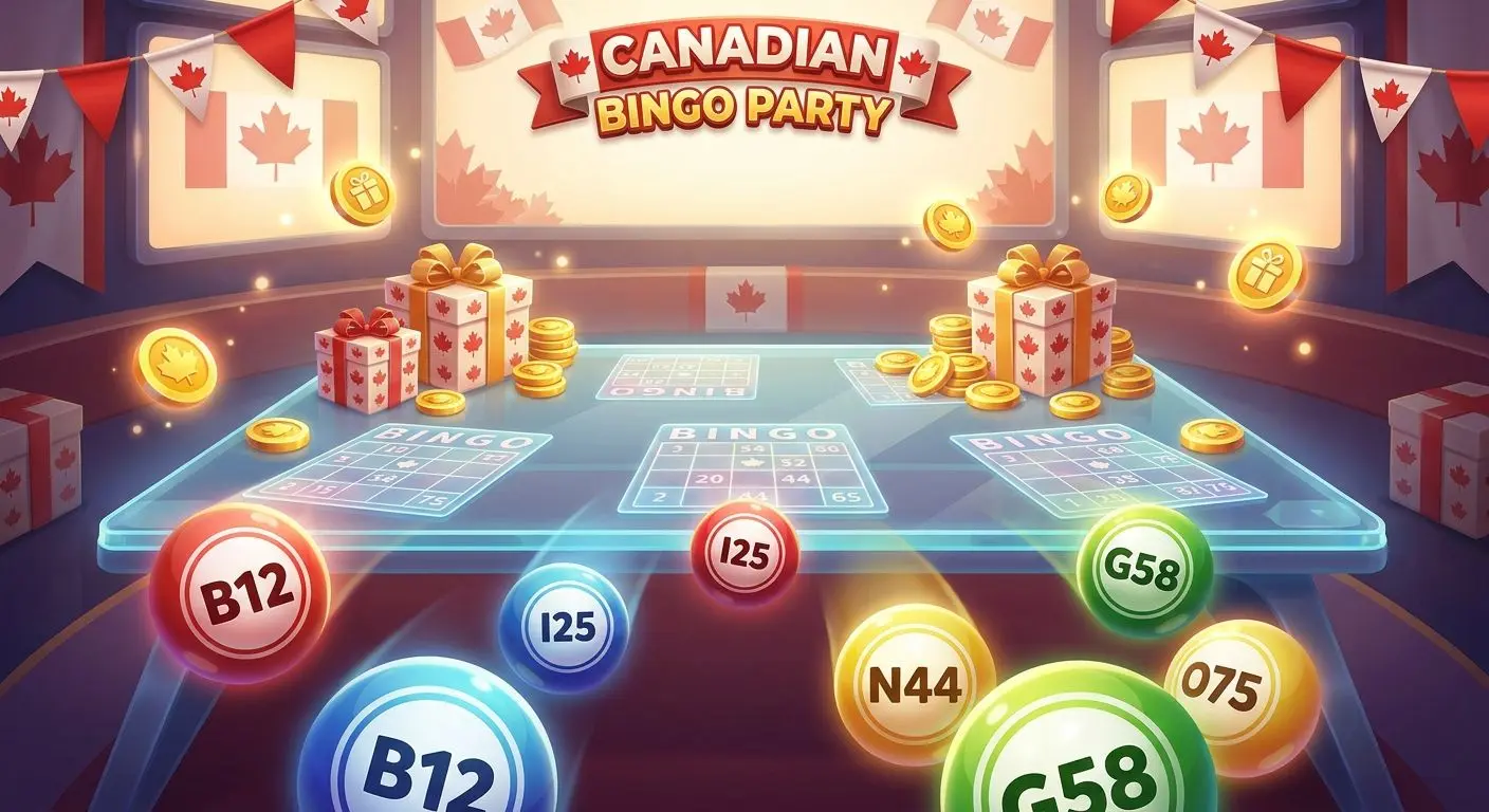 Online bingo room illustration with colourful bingo balls, tickets and bonus themed visuals