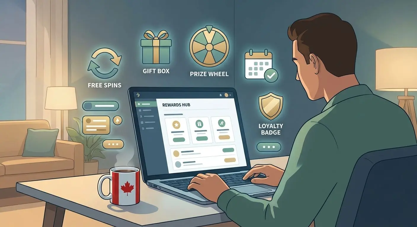Canadian player reviewing different reward types with icons for spins, gifts and wheel