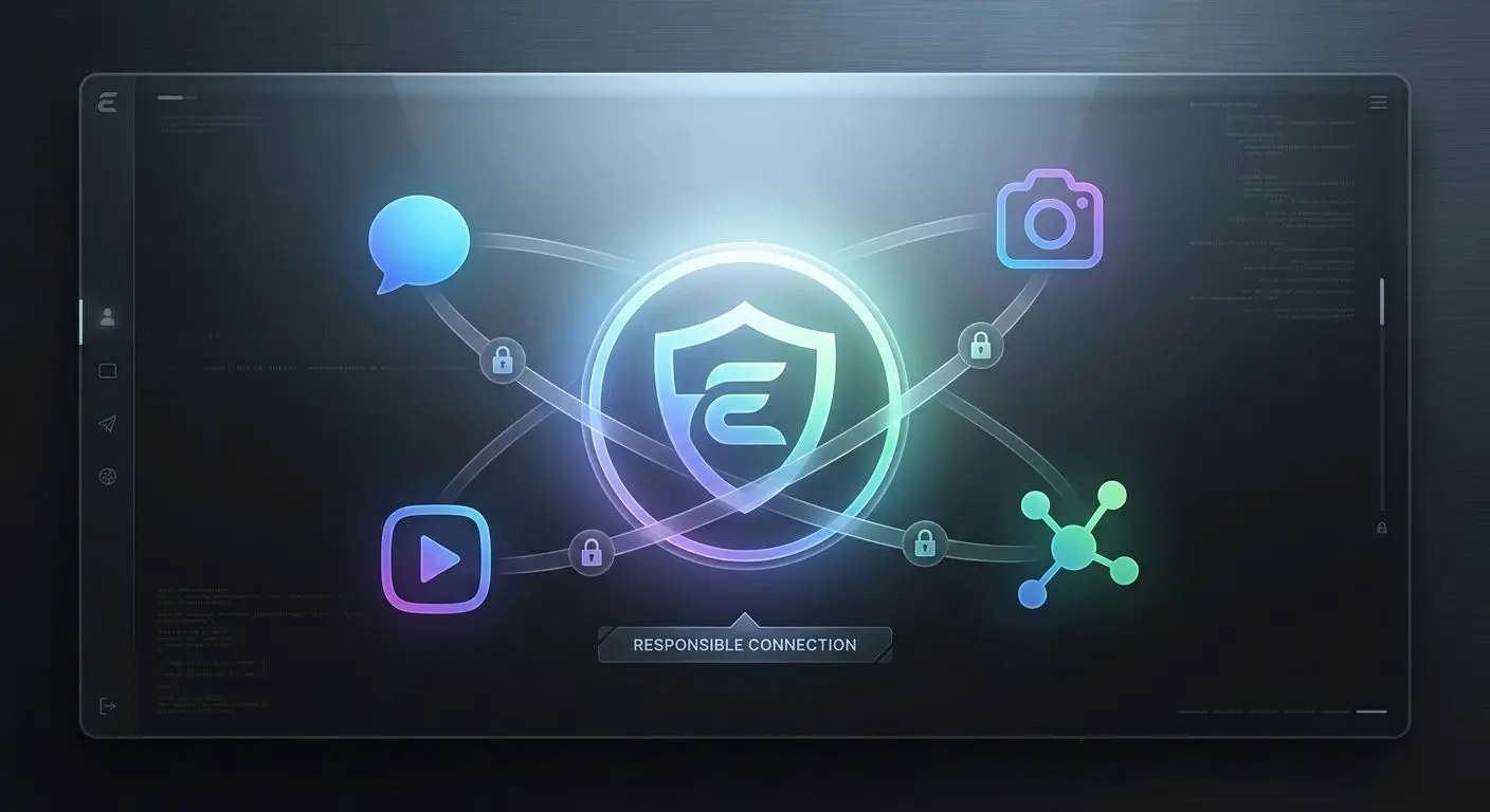 Social media icons around a brand symbol with responsible communication theme