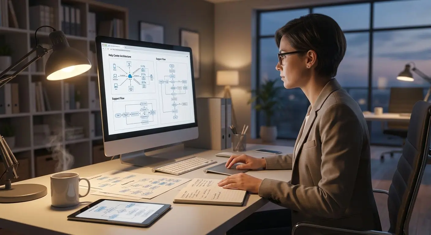 Content expert reviewing support page structure on a laptop