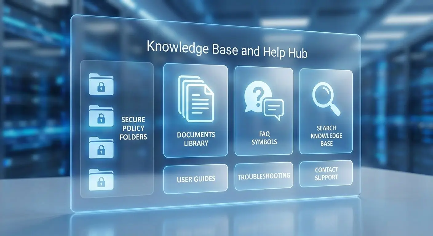 Help centre knowledge base with FAQ and policy icons