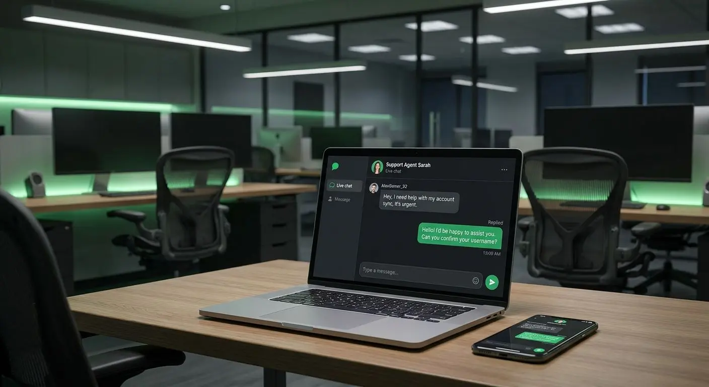 Live chat support interface on laptop and smartphone