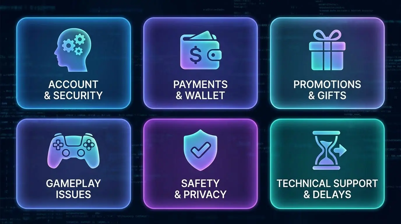 Icons showing account, payments, bonuses and technical support topics