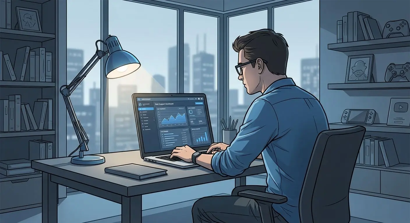 Fictional expert working on a laptop reviewing support systems
