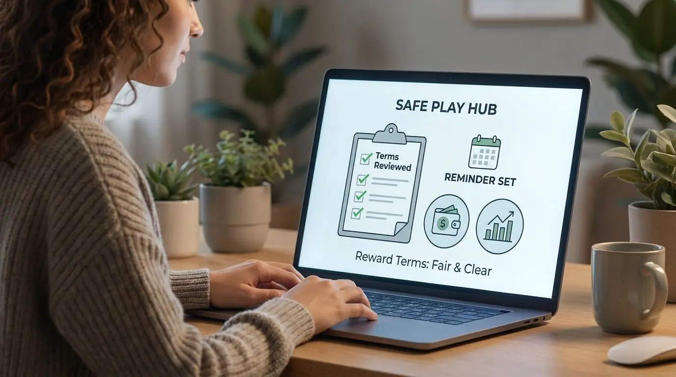 Checking Daily Kicker Terms Carefully User checking reward terms with checklist icons and budget reminders