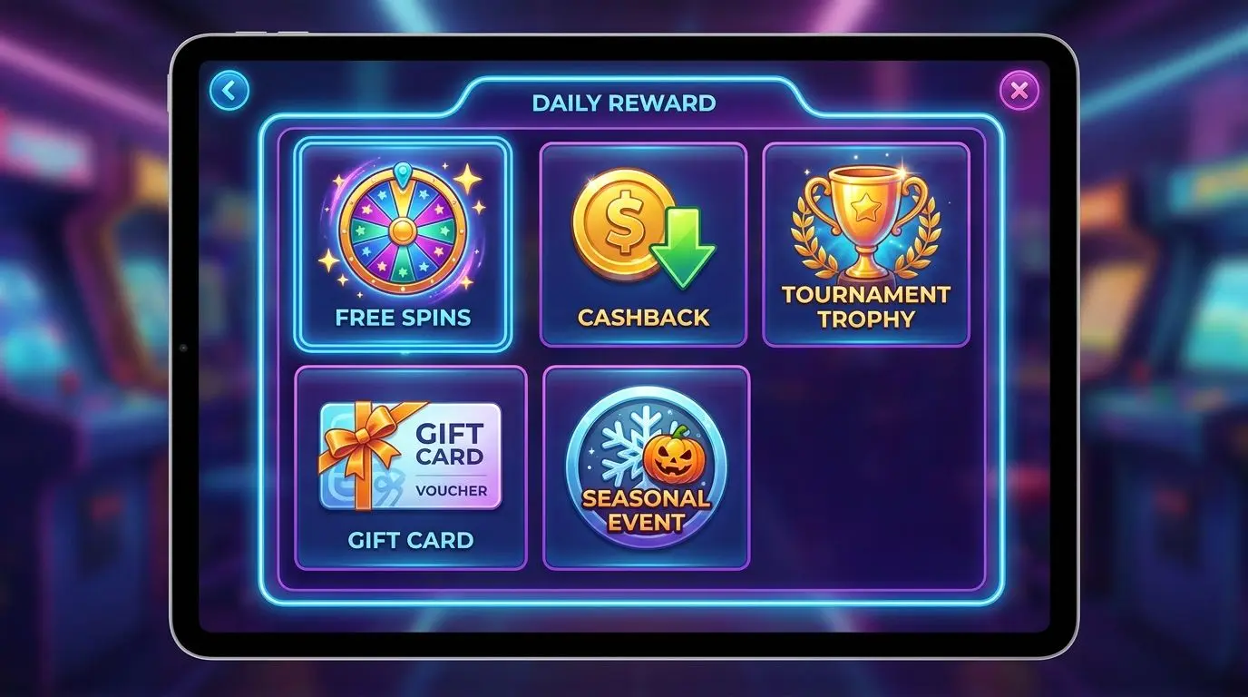 Grid showing free spins cashback and tournament style daily offers