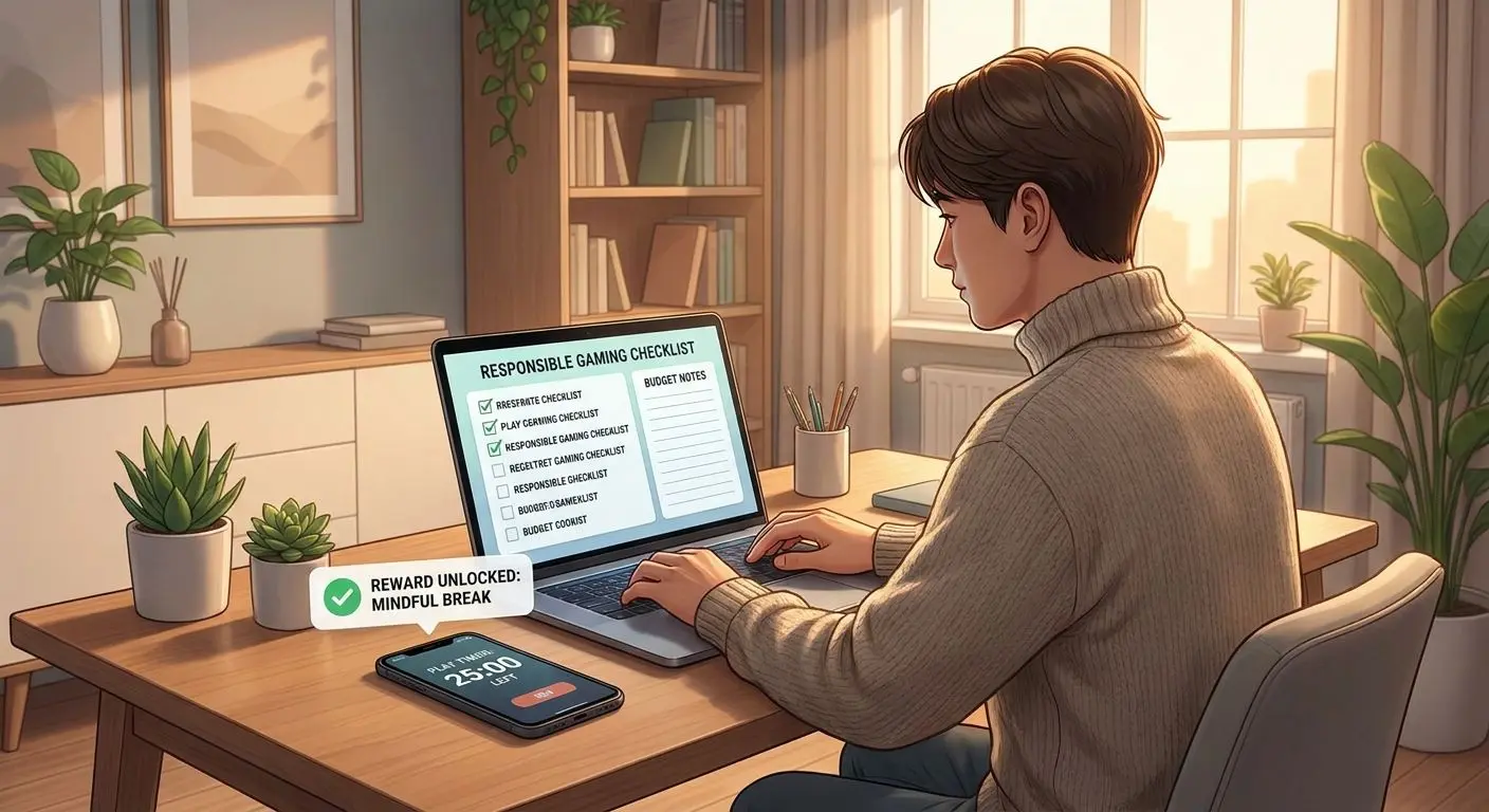 Player reviewing daily offer checklist and managing budget on laptop