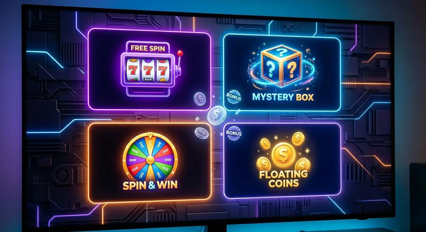 Types of Daily Kicker Rewards Collage of daily reward types including spins mystery box coins and prize wheel