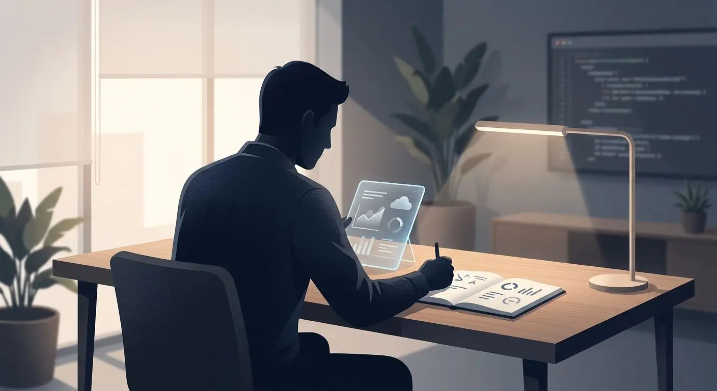 Fictional analyst with notebook and mobile research icons