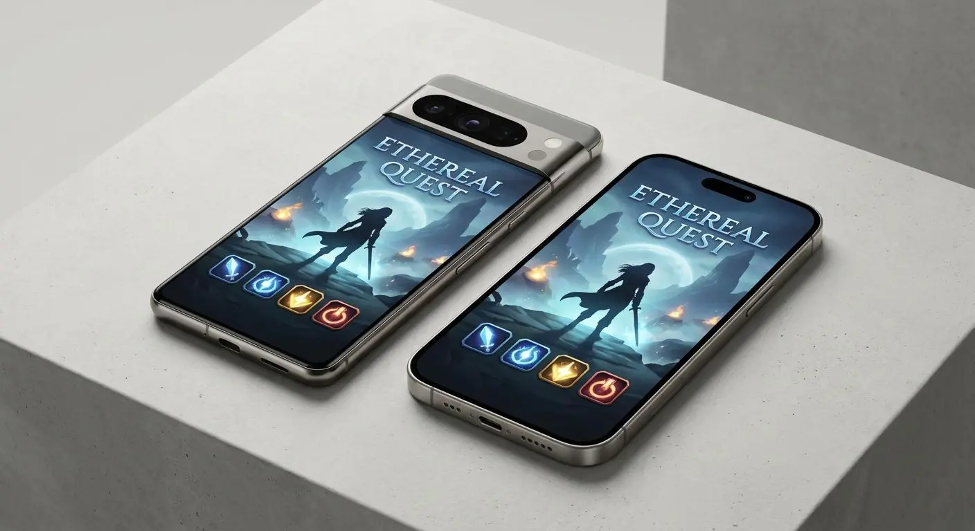 Android and iOS phones showing mobile gaming app comparison
