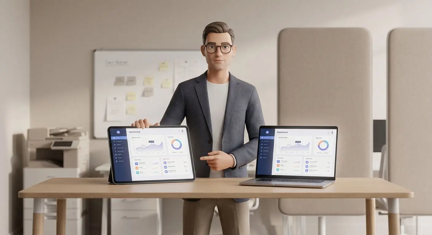 Fictional expert explaining a mobile app on multiple screens