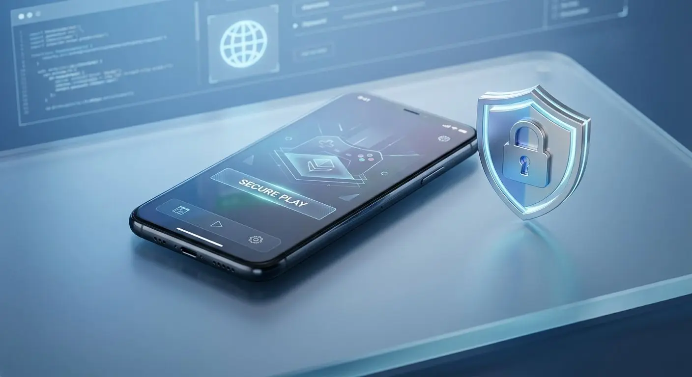 Mobile app security concept with shield and phone