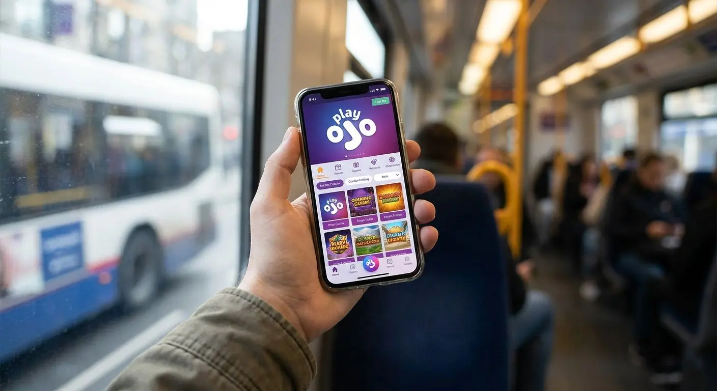 Hand holding a smartphone with PlayOJO-style interface while travelling