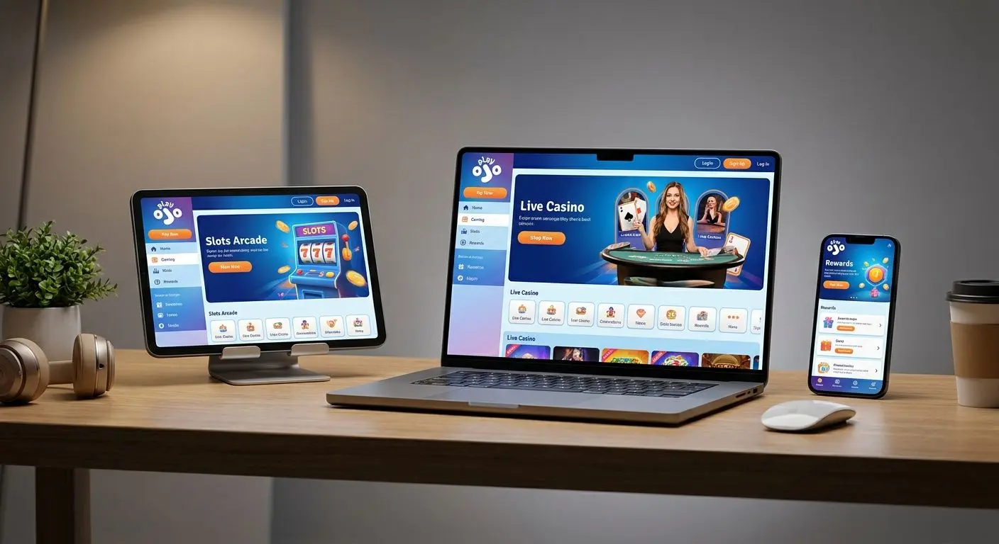Smartphone, tablet and laptop showing a consistent PlayOJO-style interface