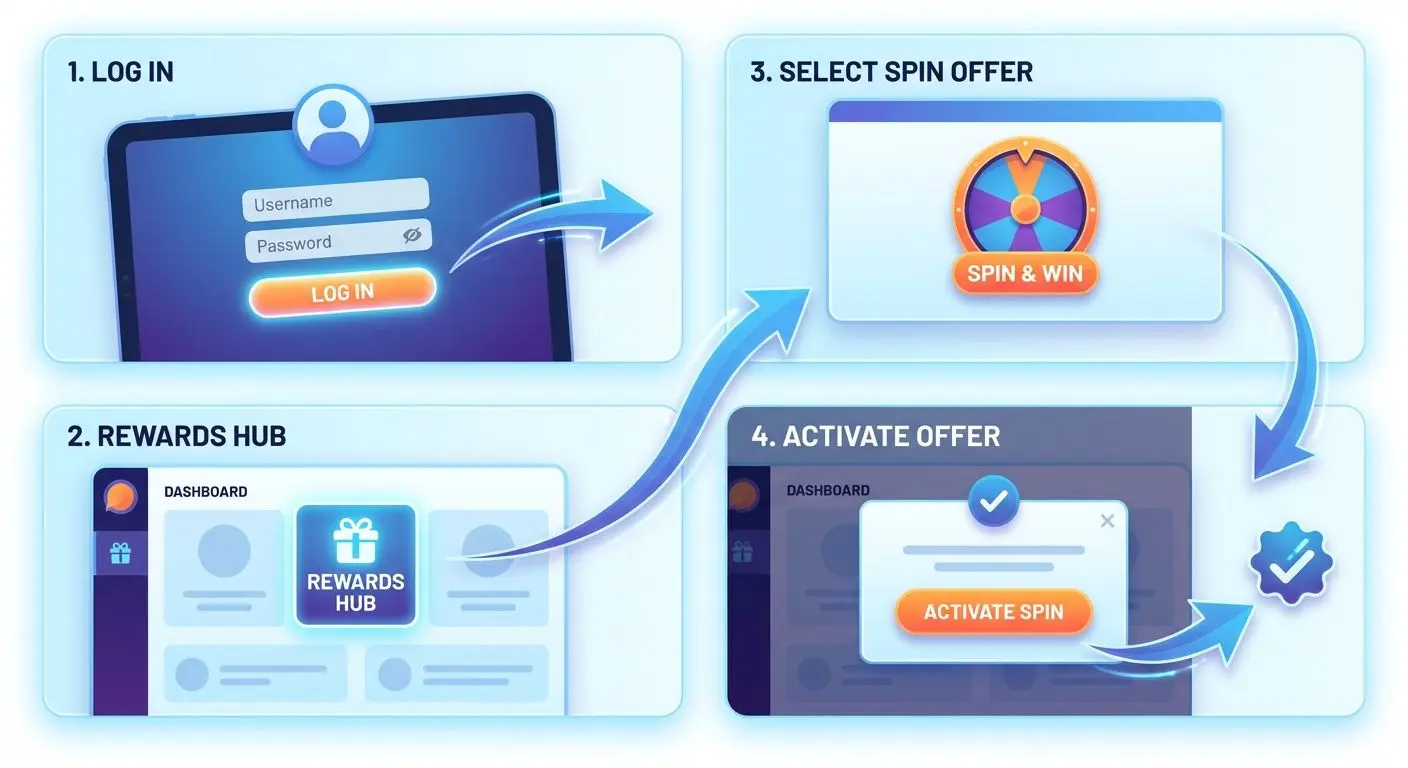 Illustrated steps for activating spin rewards in the player dashboard