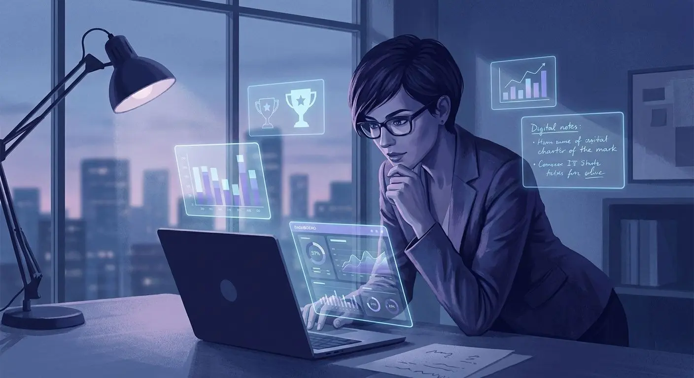 Fictional analytics expert reviewing reward data on a laptop