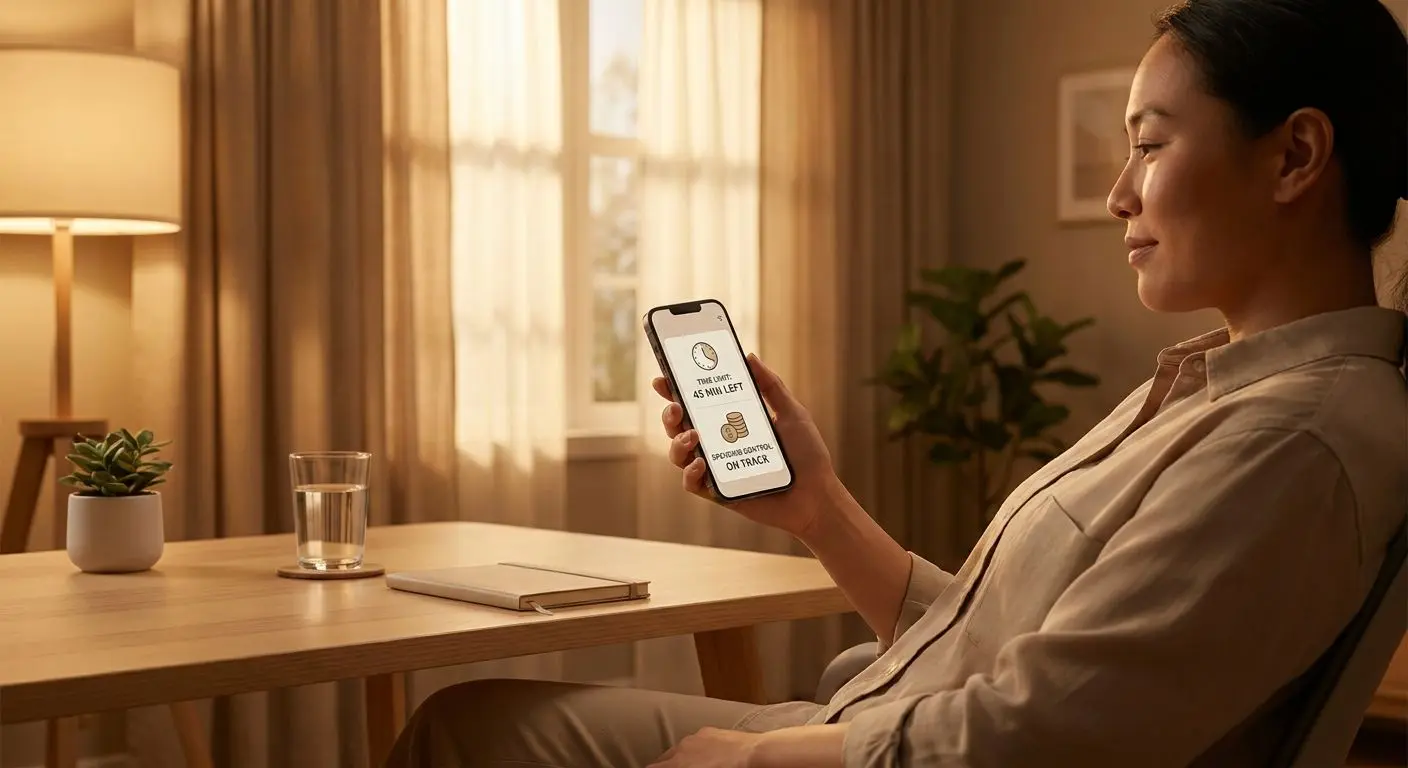 Player using time and budget controls while viewing rewards on a mobile device