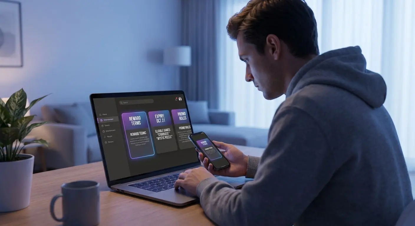 User checking reward terms on laptop and phone before activating free spins