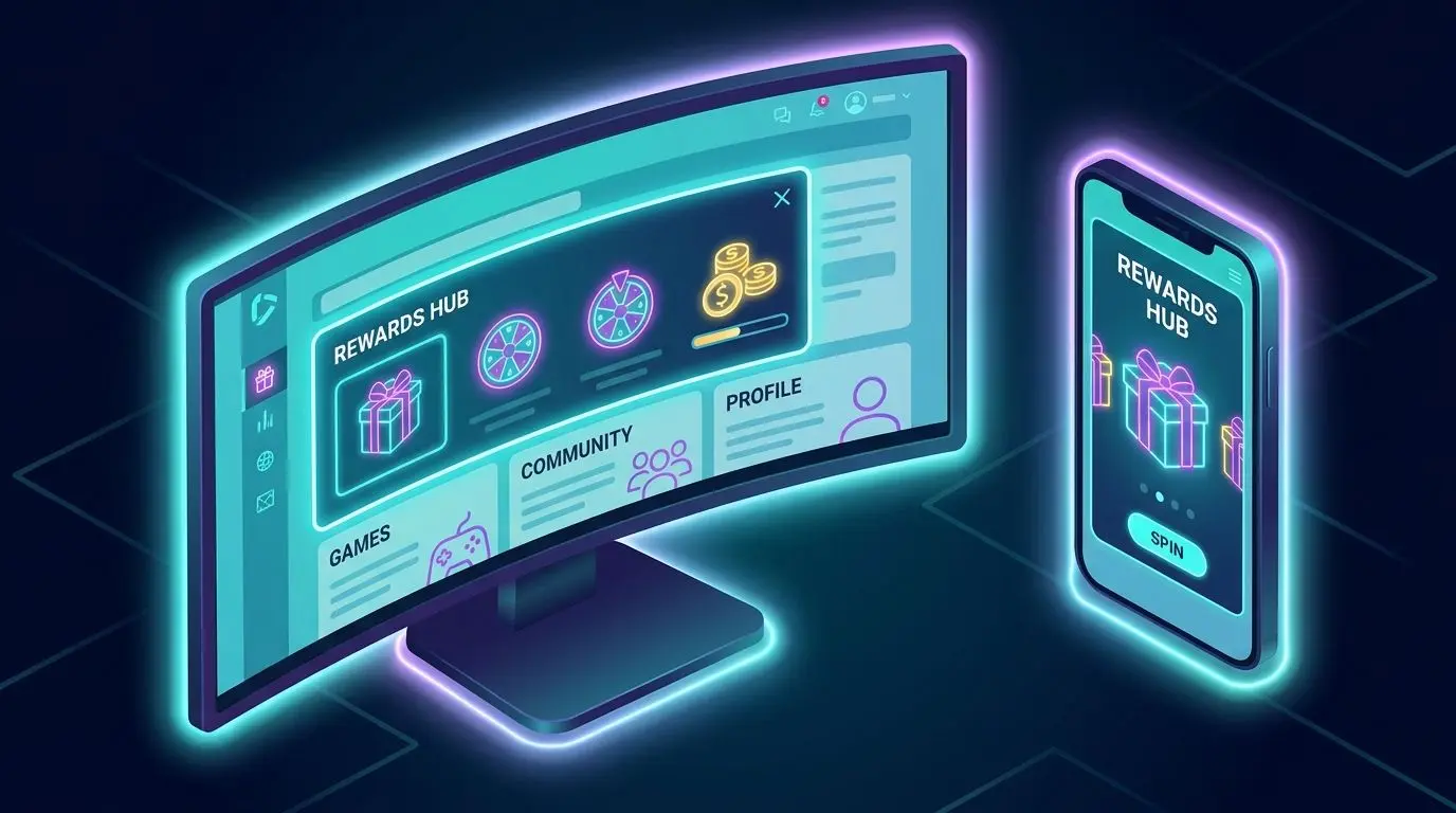 Platform lobby interface with highlighted rewards section and spin icons