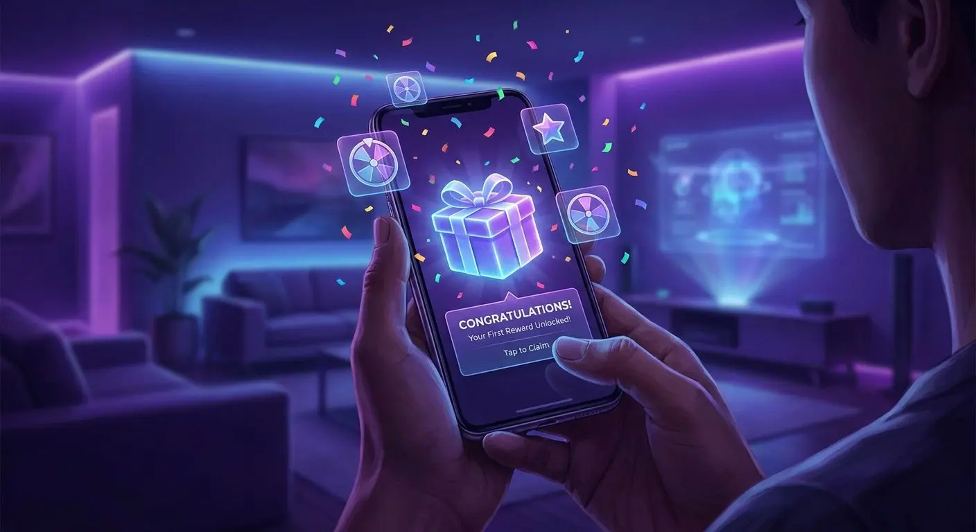 New player receives first reward offer with gift box and spins illustration