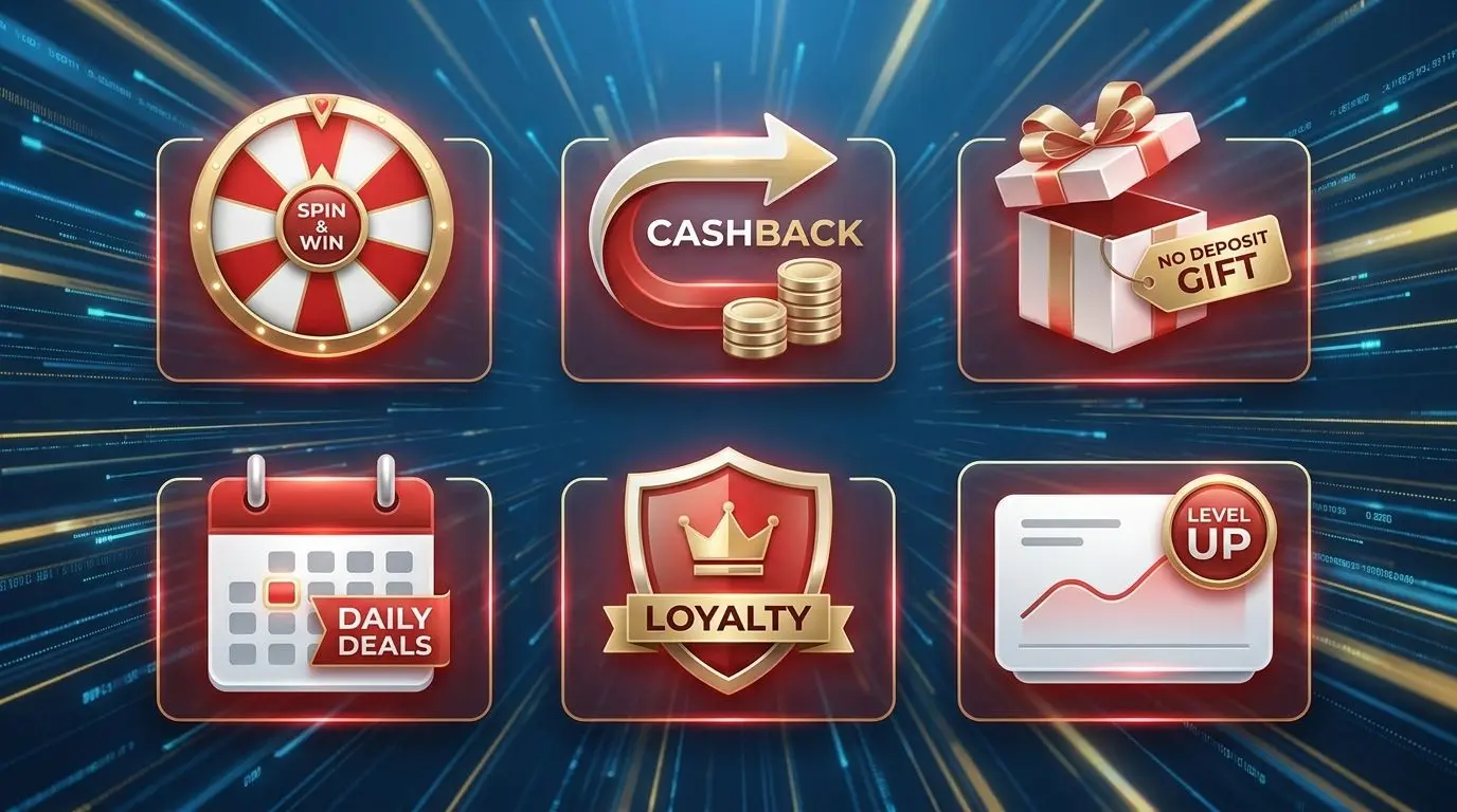 Overview graphic of PlayOJO bonus types including spins cashback no deposit and daily deals