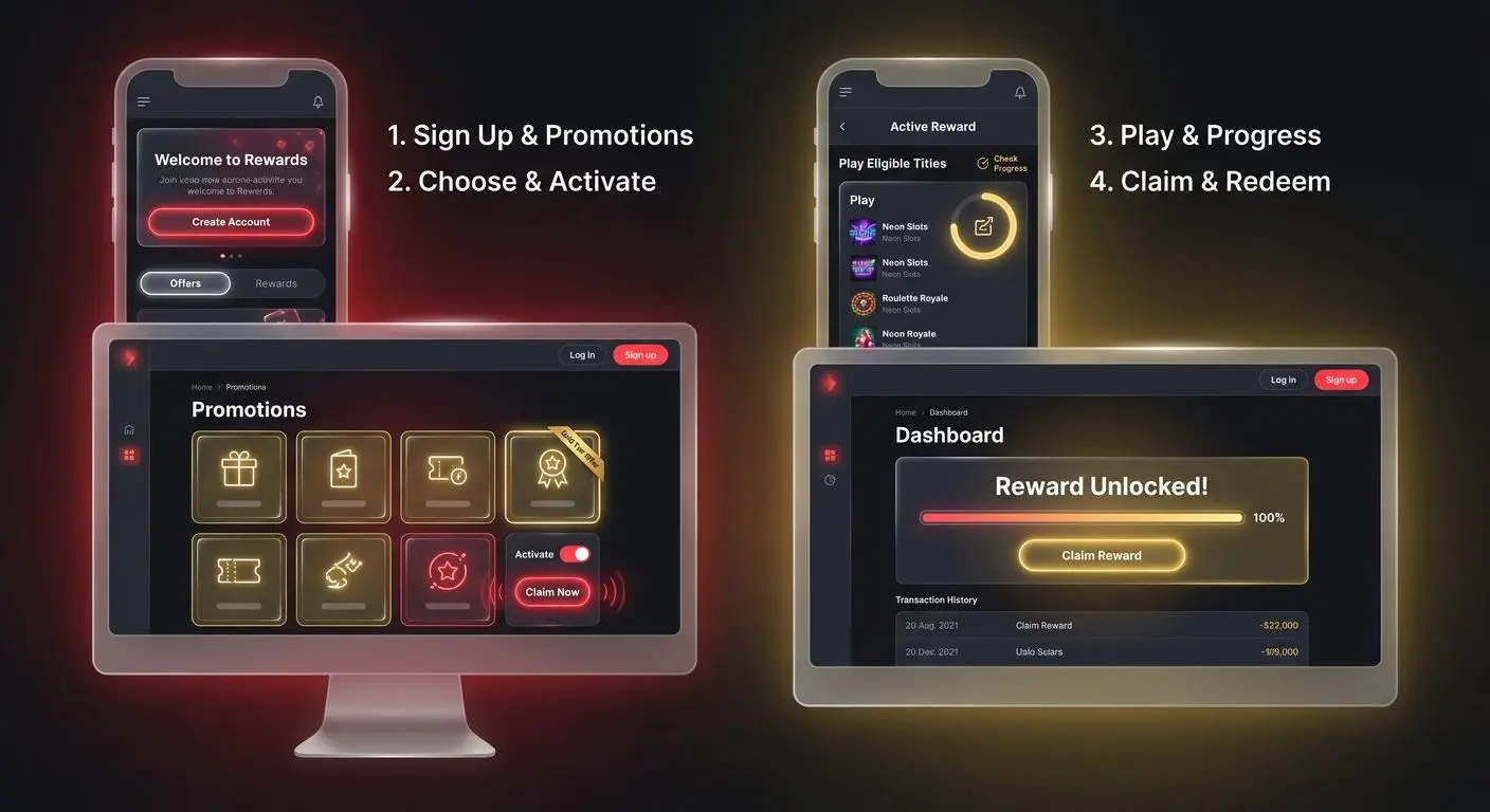 Step-by-step PlayOJO style bonus claim process on screen interface