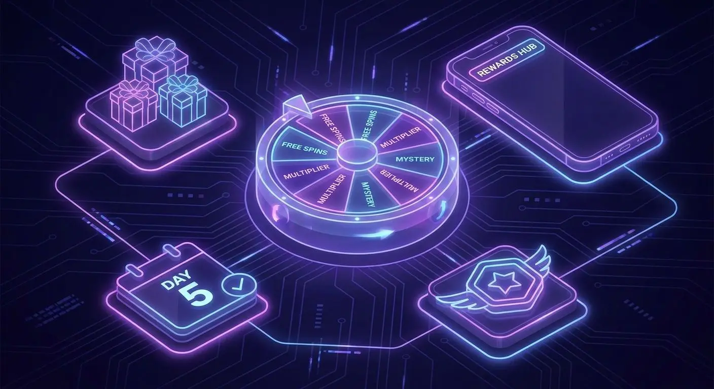 Illustration of bonus categories including spins, gifts, daily deals and mobile offers