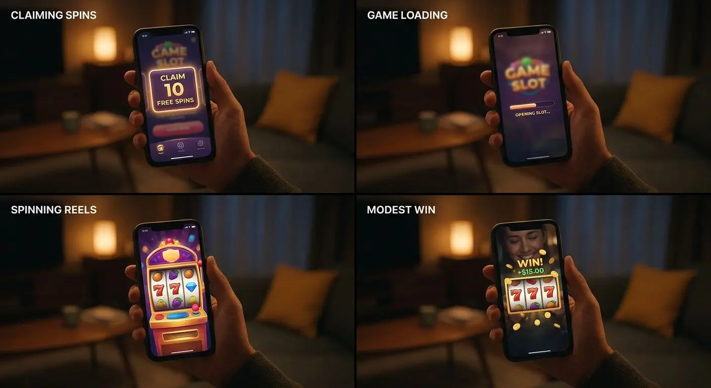 Step-by-step claim of free spins ending with a small win on screen