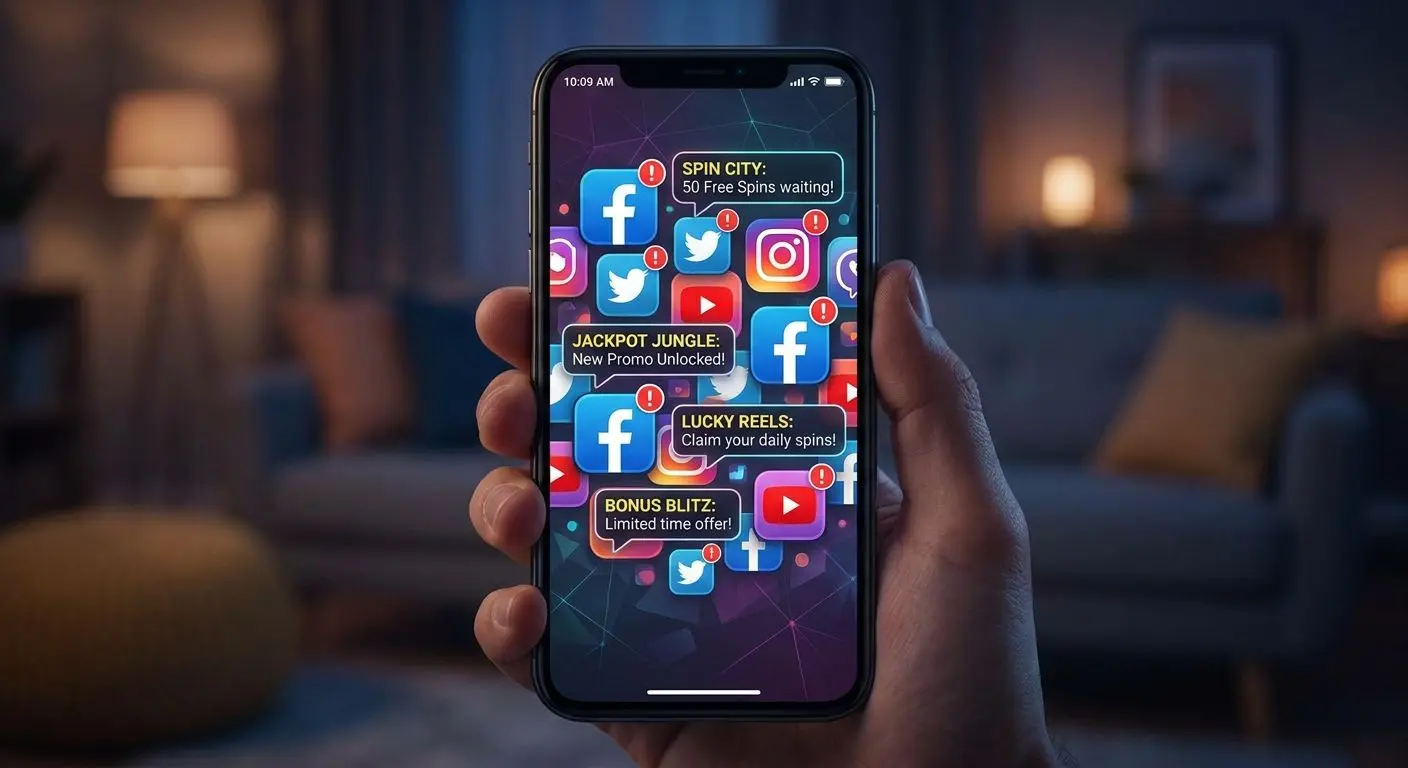 Smartphone showing social notifications about new free spins offers
