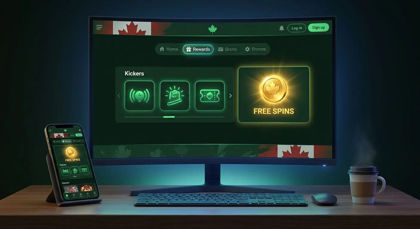 PlayOJO-style interface with Rewards and Kickers highlighted for free spins