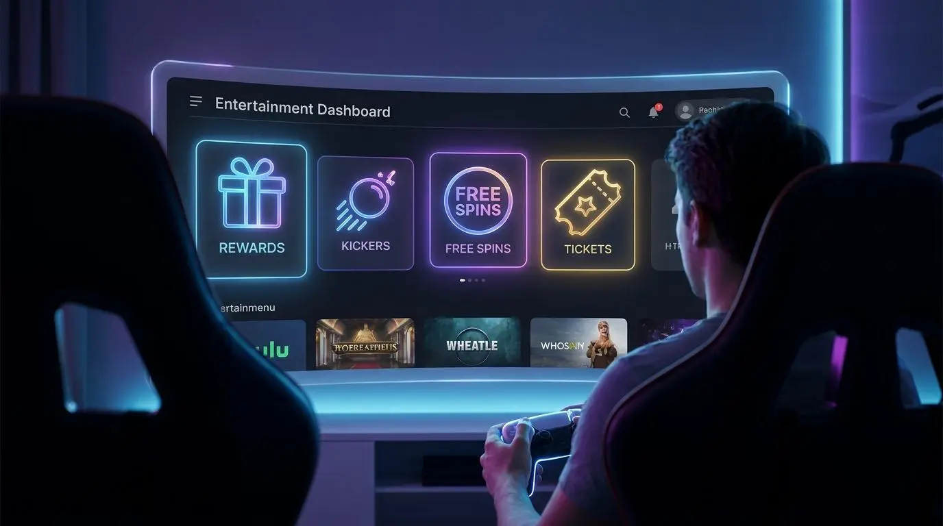 Player looking at a screen with rewards, kickers and free spin icons