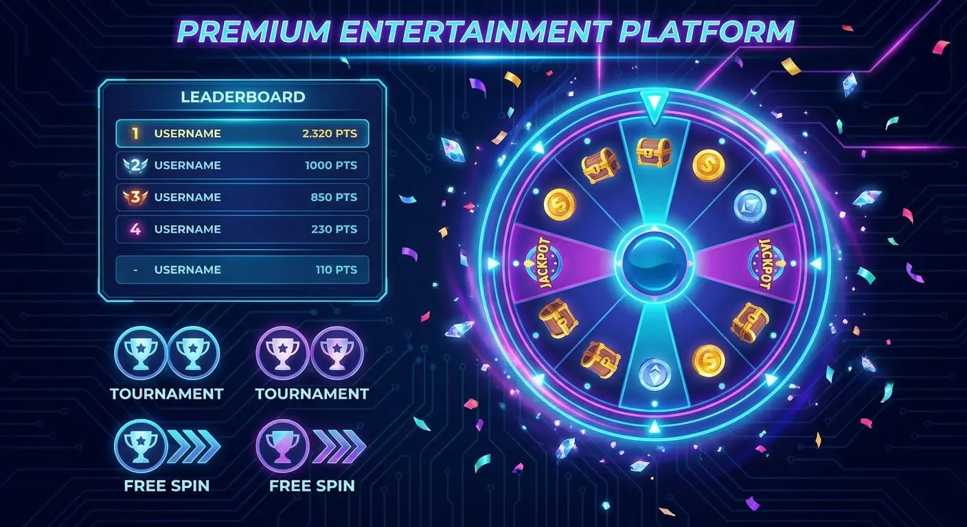 Prize wheel and tournament board with free spin icons