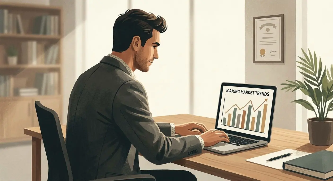 Author analyst profile illustration Fictional iGaming analyst reviewing online entertainment data at a desk
