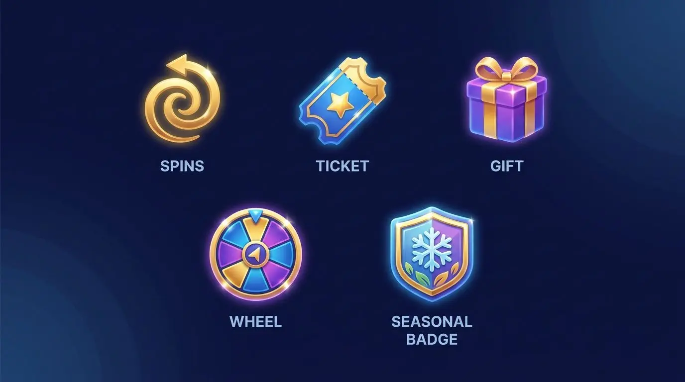 Icons showing different personalised reward types such as spins, tickets, gifts and wheel