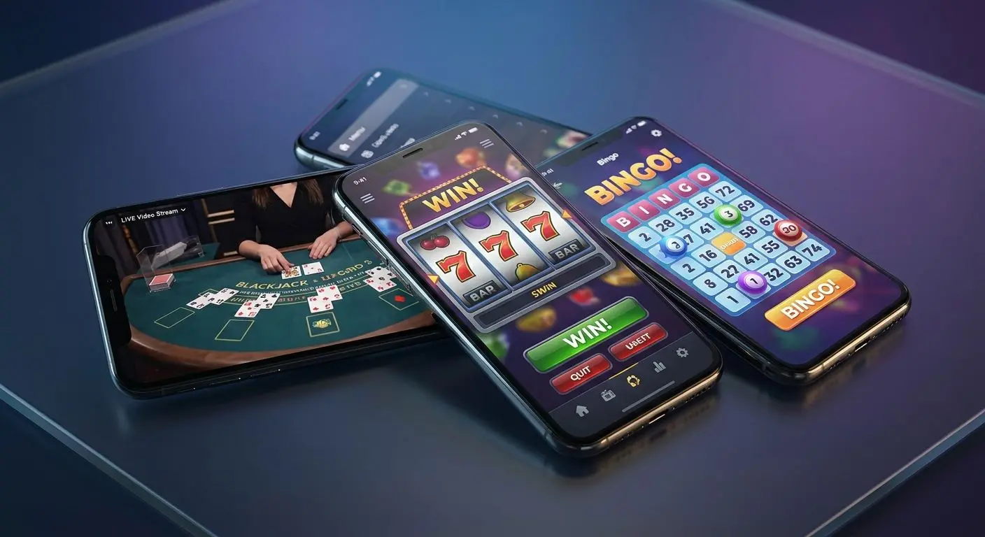 Multiple phone screens showing mobile slots, live tables and bingo interfaces