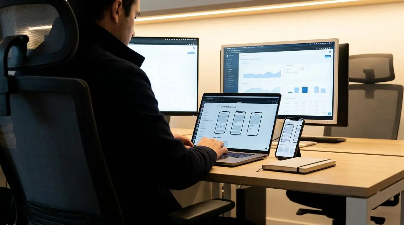 Analyst workspace with phone and laptop reviewing mobile platform layouts