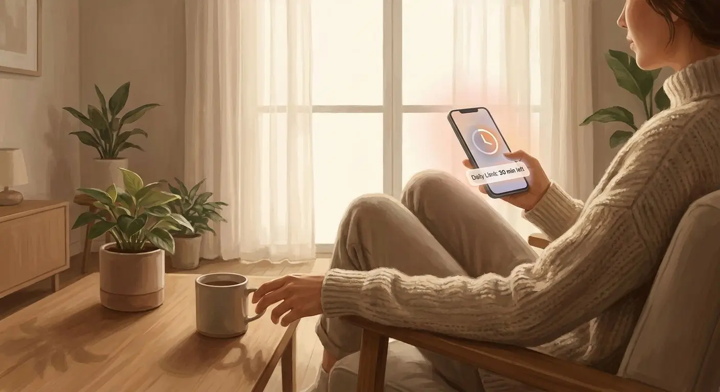 Person using a smartphone with visual cues for time limits and safer play controls