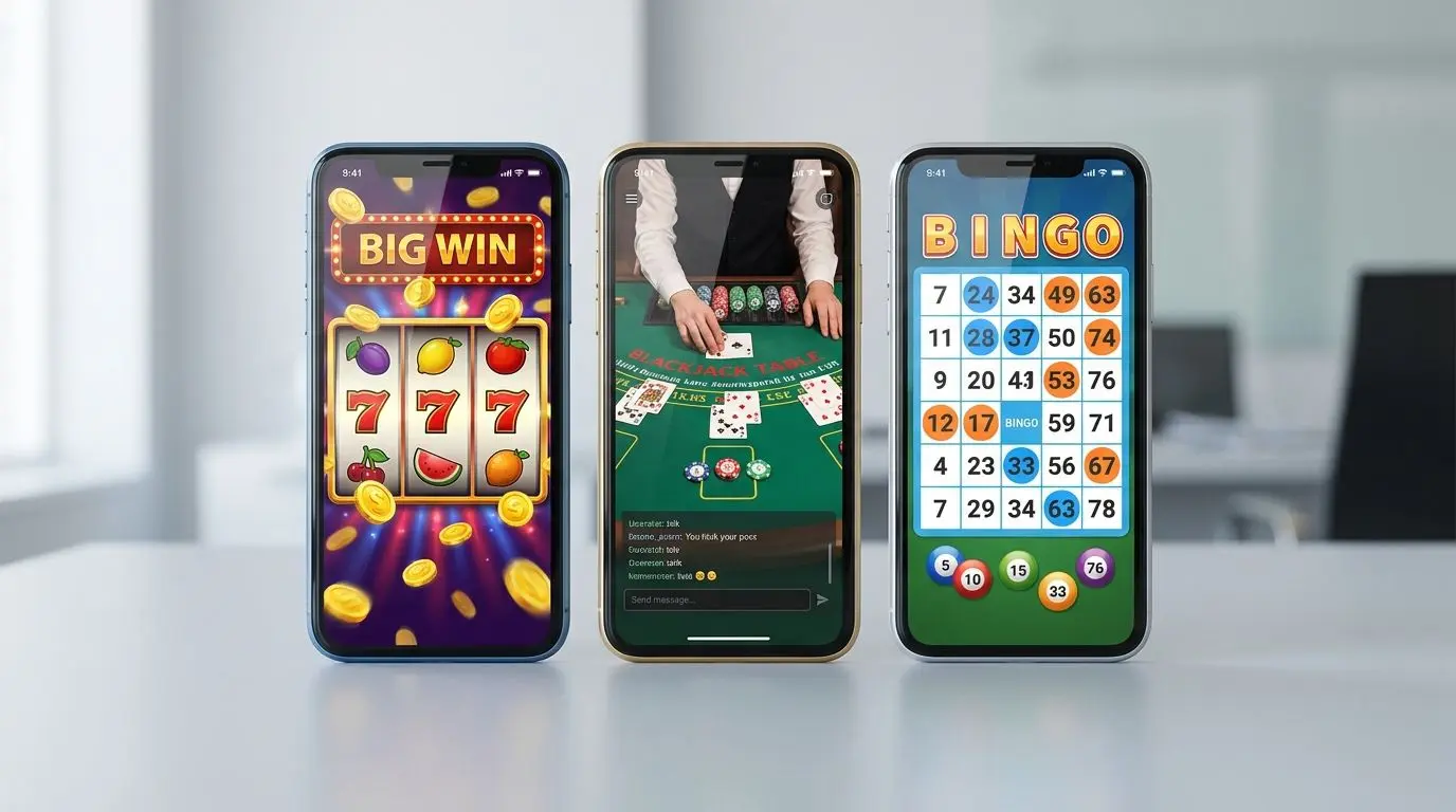 Multiple mobile screens showing slot, live table, and bingo-style game interfaces