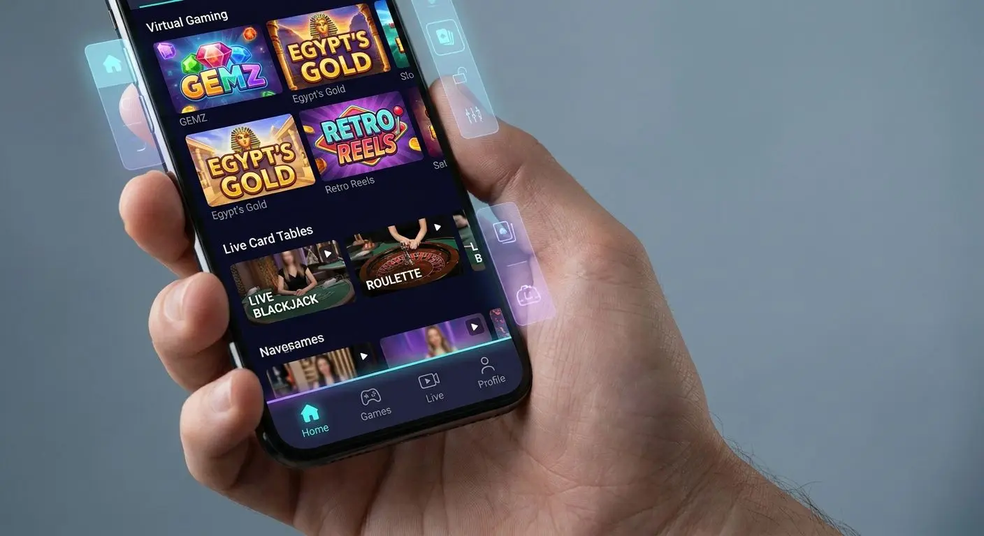 Hand holding a phone with a mobile gaming lobby interface