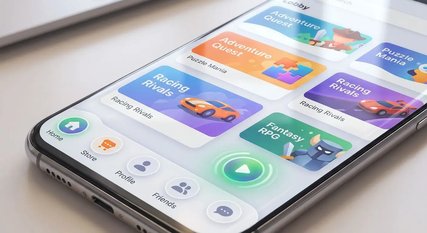 Smartphone showing a mobile gaming lobby with colourful game tiles and navigation