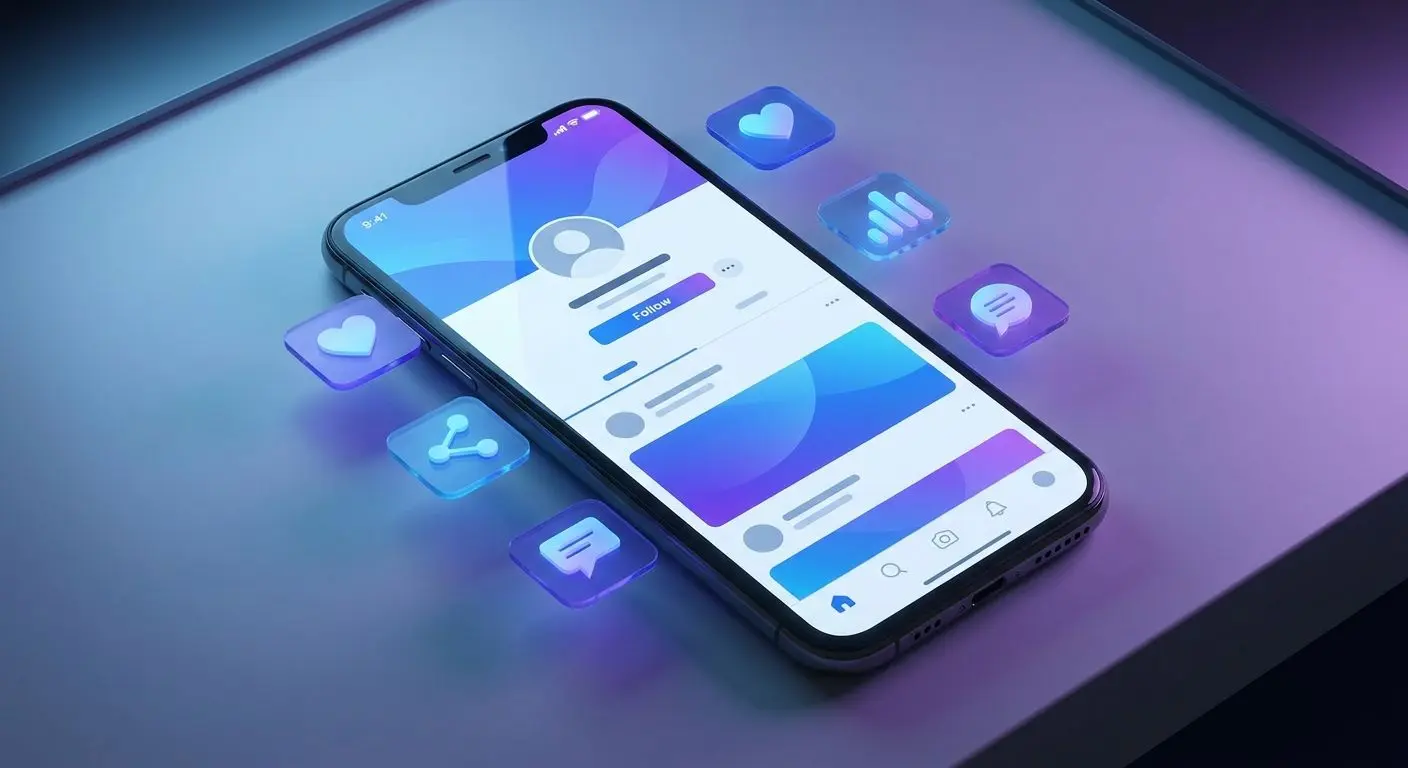 Phone with social media profile and floating social icons