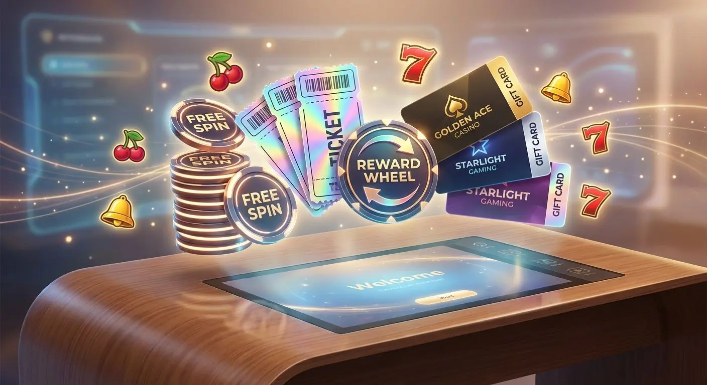 Illustration of welcome gifts such as free spins tickets and reward icons