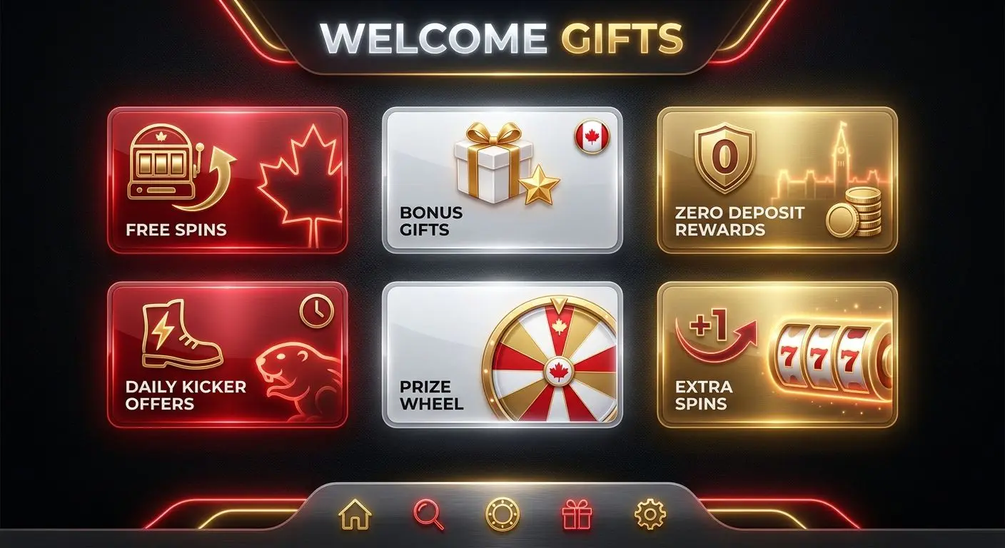 Illustration of welcome gift types including free spins and bonus rewards