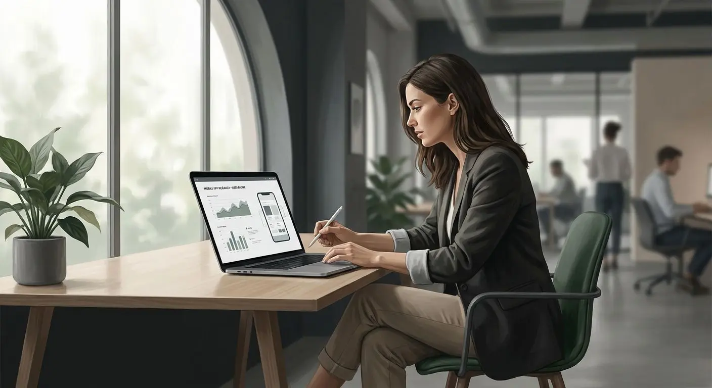 Fictional analyst reviewing mobile gaming product data on a laptop